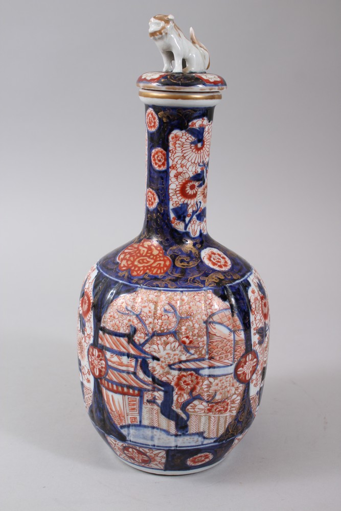 A JAPANESE MEIJI PERIOD FLUTED PORCELAIN IMARI BOTTLE VASE & COVER, then body of the vase with - Image 4 of 7