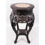 A GOOD 19TH CENTURY CHINESE HARDWOOD & MARBLE TOP PLATER / STAND, the top inset with marble, the