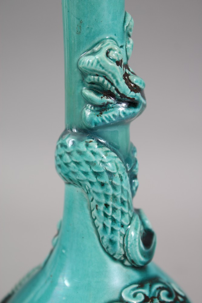 A PAIR OF ORIENTAL TURQUOISE GROUND PORCELAIN DRAGON BOTTLE VASES, both vase with moulded dragons - Image 5 of 6