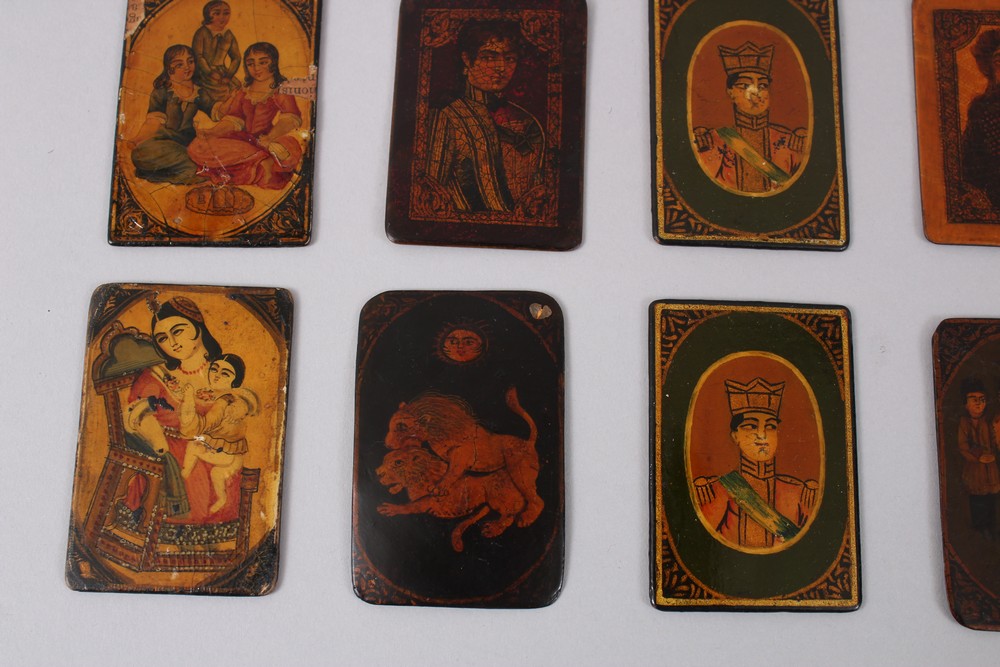 A COLLECTION OF FIFTEEN 19TH CENTURY PERSIAN QAJAR LACQUER PAPIER MACHE PLAYING CARDS - Image 5 of 11