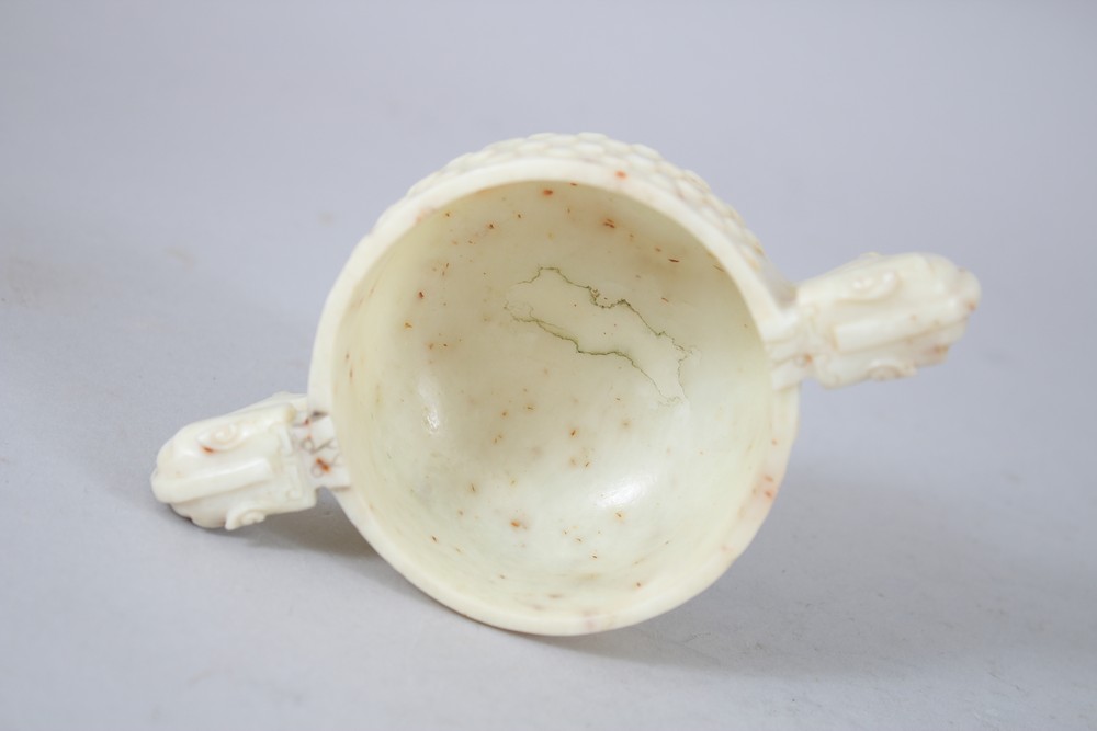 A 20TH CENTURY CHINESE ARCHAIC STYLE JADE / SOAPSTONE MING STYLE CUP, 13.5cm wide including handles, - Image 5 of 6