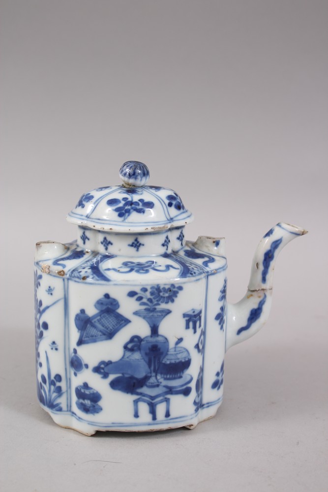 A CHINESE KANGXI BLUE AND WHITE PORCELAIN TEAPOT & COVER, with various painted panels depicting - Image 3 of 5