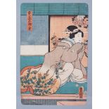 A GOOD JAPANESE EDO PERIOD UKIYO-E / WOODBLOCK PRINT BY TOYOKUNI GA (1857), depicting scnes of a