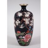 A GOOD JAPANESE MEIJI PERIOD CLOISONNE VASE, the deep blue ground with wired decoration of birds