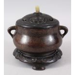 A GOOD CHINESE INLAID BRONZE CENSER WITH HARDWOOD & JADE COVER, the bronze vessel with two formed