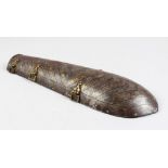 AN 18TH CENTURY INDO PERSIAN POSSIBLY SAFAVID GOLD INLAID STEEL ARM GUARD, 34cm long.