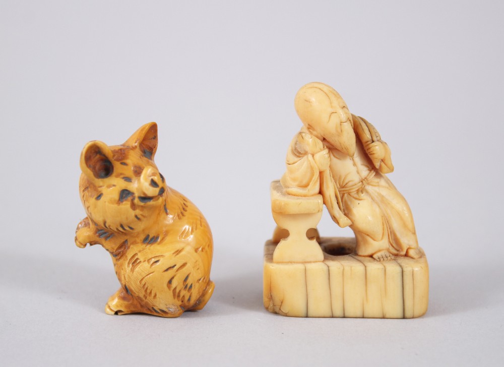 A GOOD JAPANESE EDO PERIOD IVORY NETSUKE OF A SAGE, 4cm high x 3.2cm wide, together with a carved