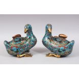 A GOOD PAIR OF CHINESE MING DYNASTY CLOISONNE DUCK / GEESE KOROS, the blue ground with various