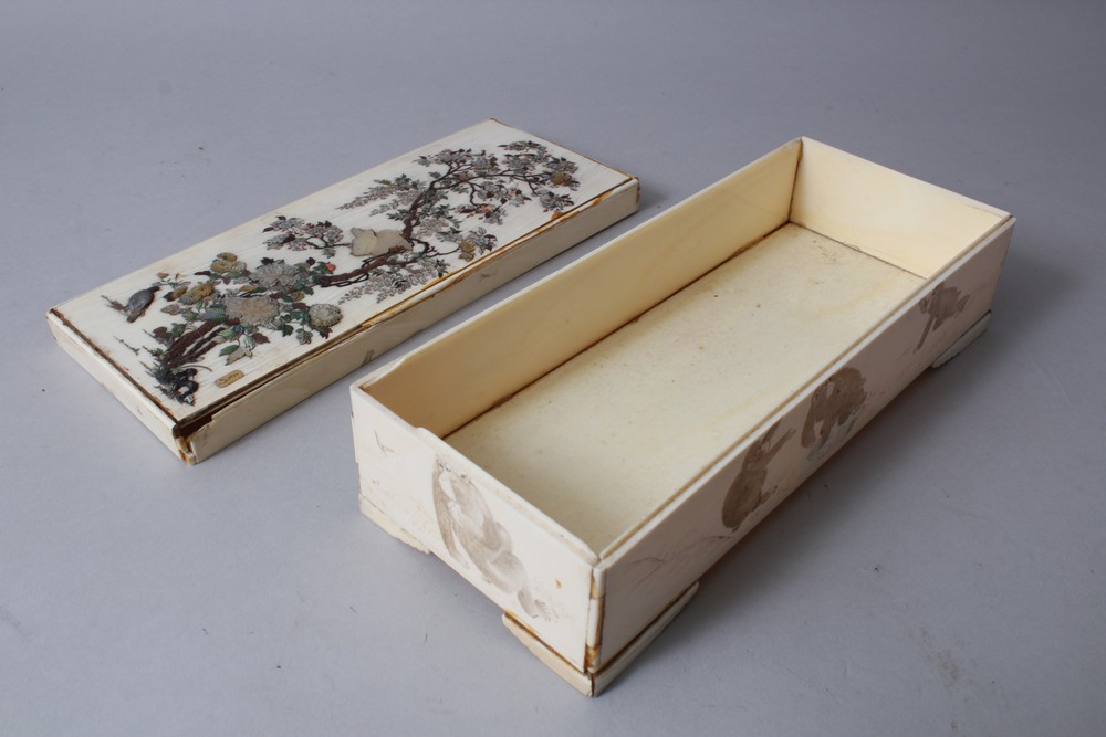 A JAPANESE MEIJI PERIOD CARVED IVORY & SHIBAYAMA MONKEY BOX & COVER, the lid decorated using - Image 7 of 7