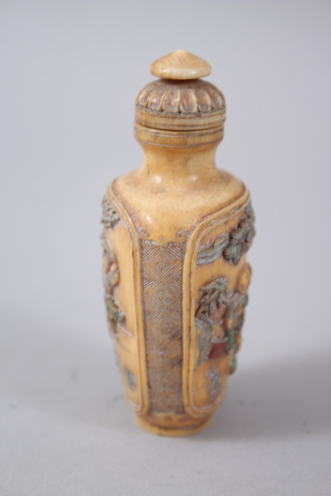 A VERY GOOD 19TH CENTURY CHINESE CARVED IVORY AND POLYCHROMED DECORATION SNUFF BOTTLE, the body of - Image 2 of 4