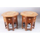 A GOOD PAIR OF PERSIAN BONE INLAID OCTAGONAL TABLES, 36cm wide x 35cm high.