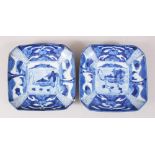 A PAIR OF 18TH CENTURY JAPANESE BLUE & WHITE IMARI PORCELAIN DISHES, the dishes both depicting
