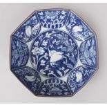 A JAPANESE EDO PERIOD ARITA BLUE & WHITE OCTAGONAL PORCELAIN DISH, with decorations of egrets