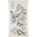 A GOOD 18TH / 19TH CENTURY CHINESE HAND PAINTED HANGING SCROLL OF A LANDSCAPE, the upper left