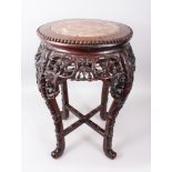 A GOOD LARGE 19TH CENTURY CHINESE MARBLE TOP HARDWOOD PLANTER / STAND, the top inset with marble,