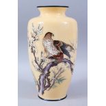 A GOOD JAPANESE TAISHO PERIOD CLOISONNE HAWK VASE, the yellow ground vase with fine wire & enamel