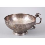 A LARGE 18TH CENTURY OTTOMAN TURKISH SILVER CUP with Tughra marks and bird handle, 13cm diameter.