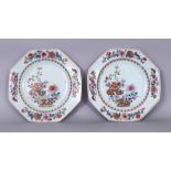 TWO SIMILAR 18TH CENTURY CHINESE QIANLONG PERIOD FAMILLE ROSE HEXAGONAL PORCELAIN PLATES, each