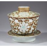 A GOOD 19TH CENTURY CHINESE BISCUIT GROUND ENAMEL TEA BOWL SET, comprising of stand, bowl & cover,