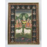 A 19TH-20TH CENTURY FRAMED INDIAN PAINTING ON TEXTILE depicting a blue skin god playing a flute