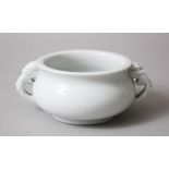 A GOOD CHINESE KANGXI BLAC DE CHINE PORCELAIN TWIN HANDLE CENSER, with moulded dragon dog handles,