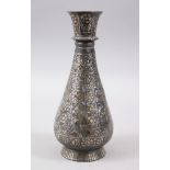 A VERY GOOD 18TH CENTURY INDIAN BIDRI METAL AND SILVER INLAID BOTTLE VASE, 25cm high.
