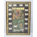 A 19TH-20TH CENTURY FRAMED INDIAN PAINTING ON TEXTILE depicting a blue skin god playing