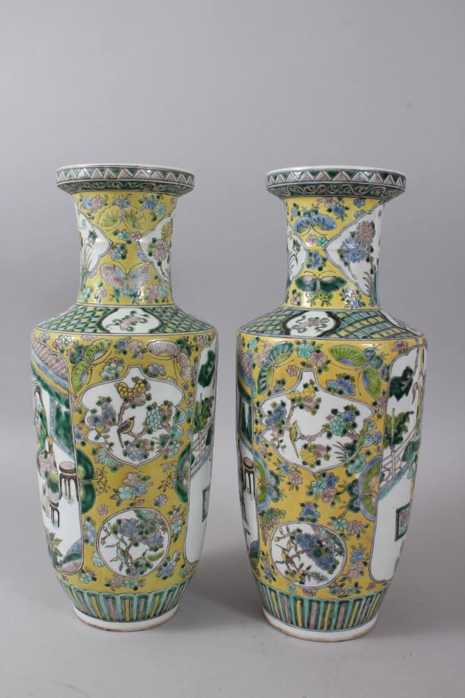 A PAIR OF 19TH CENTURY CHINESE ROULEAU PORCELAIN VASES, the body of the vases with panels - Image 2 of 8