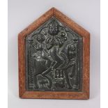 AN 18TH-19TH CENTURY INDIAN BRONZE PLAQUE, two figures on horseback, 20cm high x 15cm wide, in a