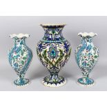 THREE 19TH CENTURY OTTOMAN TURKISH KUTAHIYA VASES, large vase 32cm high, pair of vases 26cm high.