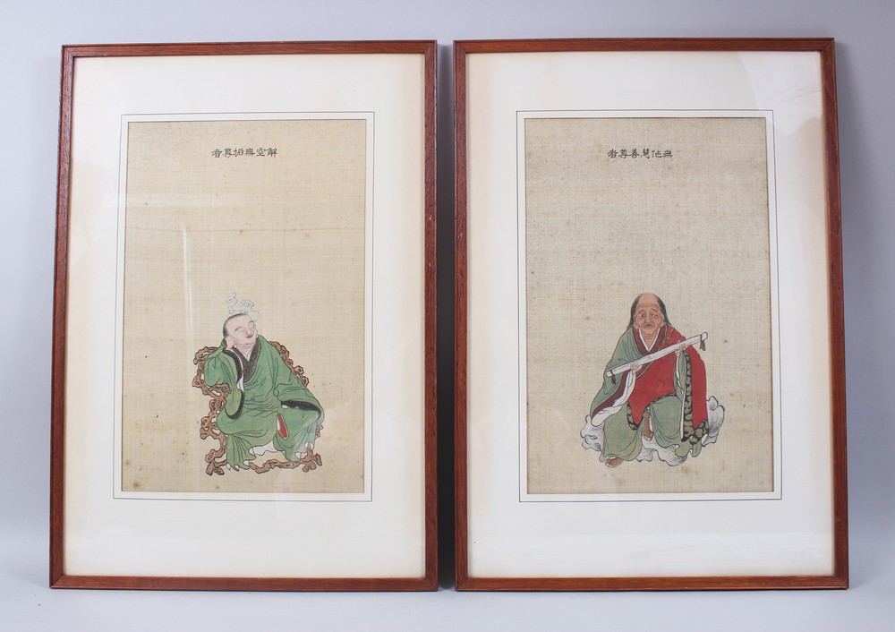A PAIR OF 19TH CENTURY CHINESE PAINTINGS ON SILK / TEXTILE, each picture of a different seated