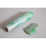 TWO GOOD CHINESE JADEITE PENTDANTS, one of cylindrical form, the other of carved fruit upon