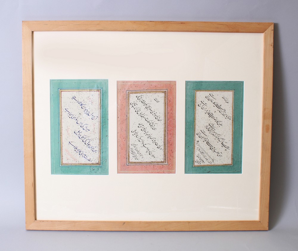 A FRAMED AND GLAZED SET OF THREE CALLIGRAPHY PAGES, 19TH CENTURY PERSIAN, signed and dated, each