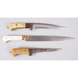 A COLLECTION OF THREE INDO PERSIAN BONE HANDLED DAGGERS, one with gold inlay.