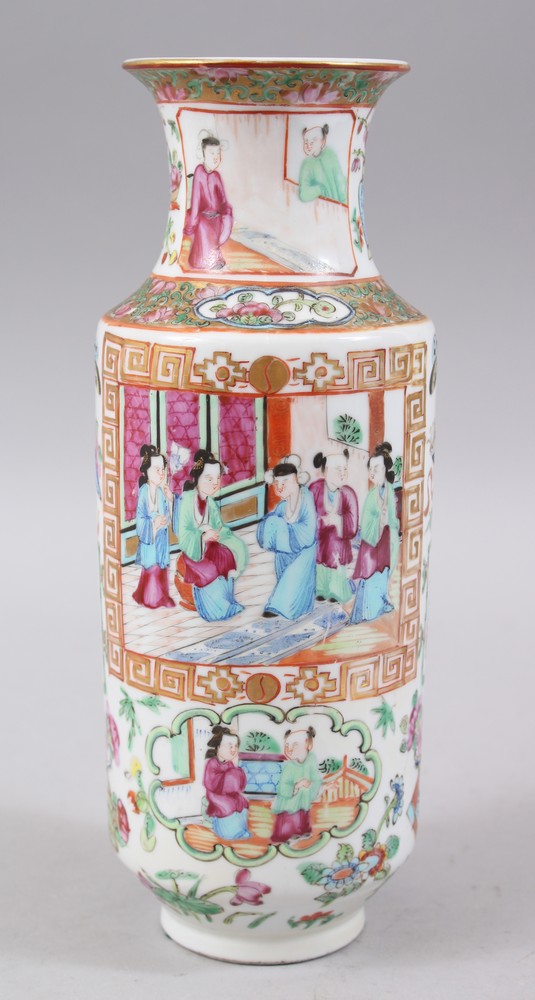 A 19TH CENTURY CHINESE CANTON FAMILLE ROSE PORCELAIN ROULEAU PORCELAIN VASE, decorated with