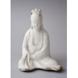 A CHINESE BLANC DE CHINE FIGURE OF SEATED GUANYIN, 11cm high x 8cm wide.