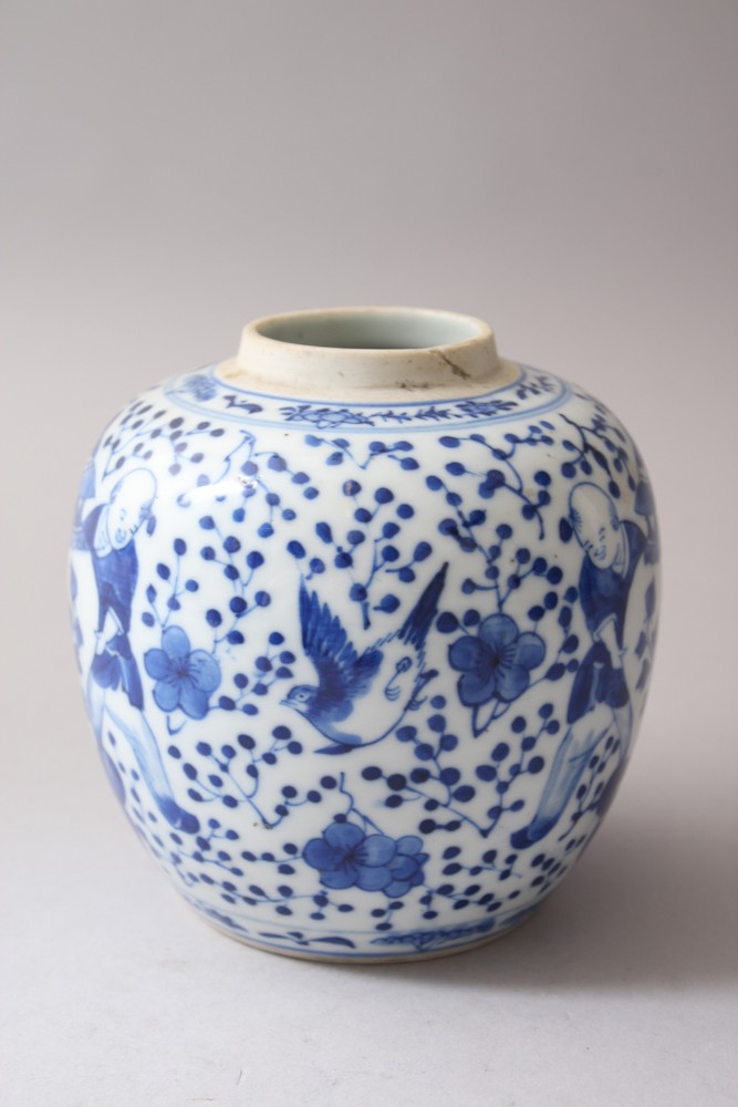 A 19TH CENTURY CHINESE BLUE & WHITE PORCELAIN GINGER JAR, decorated with scenes of boys, birds and - Image 4 of 7