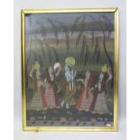 A 19TH-20TH CENTURY FRAMED INDIAN PAINTING ON TEXTILE depicting a blue skin god playing his flute