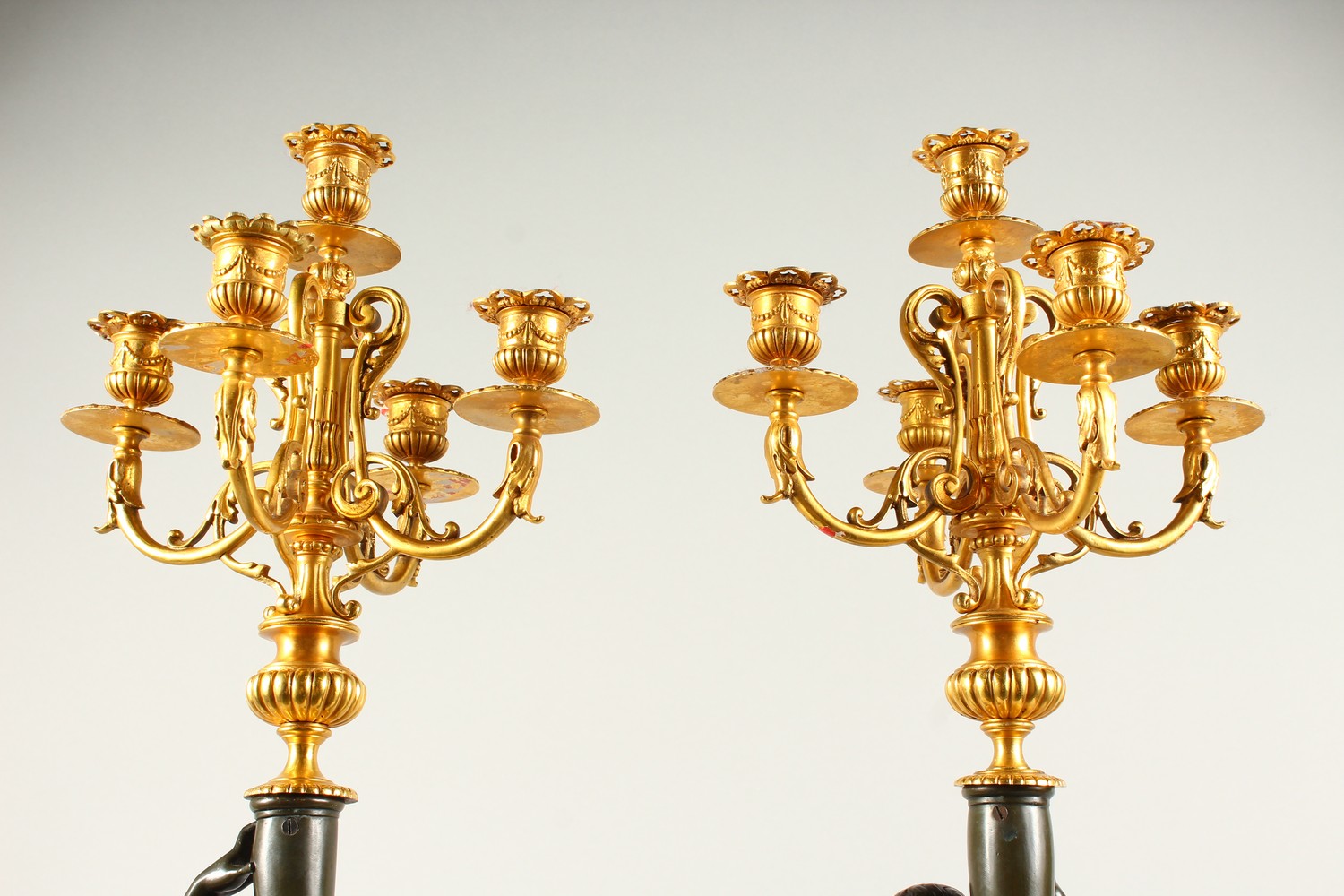 A VERY GOOD PAIR OF BRONZE, ORMOLU AND MARBLE CANDELABRA, modelled as a pair of classical femal - Image 10 of 20