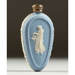 A WEDGWOOD BLUE JASPER WARE TEAR DROP SHAPED SCENT BOTTLEwith silver cap. 8cms long x 4cms wide.