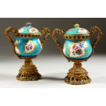 A PAIR OF 19TH CENTURY SEVRES SMALL PORCELAIN URNS AND COVERS, decorated with panels of flowers,