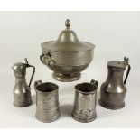 FIVE PIECES OF 18TH - 19TH CENTURY PEWTER, a punch bowl and cover, two mugs engraved and two