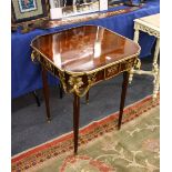 A LOUIS XVITH DESIGN SQUARE TOP TABLE, with marquetry top and ormolu mounts. 4ft 11ins wide.