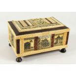 A SOUTH AMERICAN TORTOISESHELL AND IVORY CASKET with etched ivory panel Santo Domingo etc. on ball