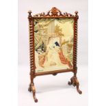 A VICTORIAN ROSEWOOD FRAMED FIRESCREEN, with woolwork panel depicting a young Queen Victoria. 130cms