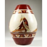 A LARGE ART DECO DESIGN POTTERY VASE, the side decorated with Deco type birds. 32cm high.