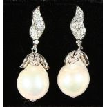 A PAIR OF SILVER AND BAROQUE PEARL DROP EARRINGS, boxed.