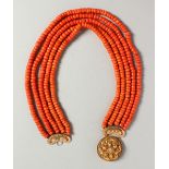 A SUPERB FIVE ROW CORAL NECKLACE with gold clasp. 195 grams.