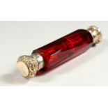 A VERY GOOD VICTORIAN FACET CUT RUBY GLASS DOUBLE ENDED SCENT BOTTLE with repusse tops and glass