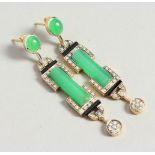 A PAIR OF 9CT GOLD AND SILVER SET DIAMOND, JADE AND ONYX DROP EARRINGS, boxed.